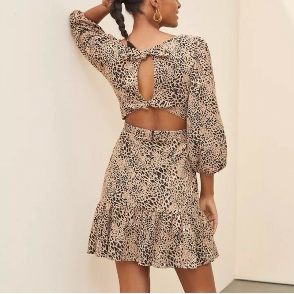 Anthropologie Maeve Leopard Back Bow Cut Out Mini Dress Flirty Edgy Puff Size 4 - Picture 2 of 7